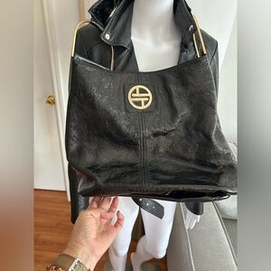 Leather Black Gold  90’s Y2K Grunge Genuine Leather   Shoulder Bag